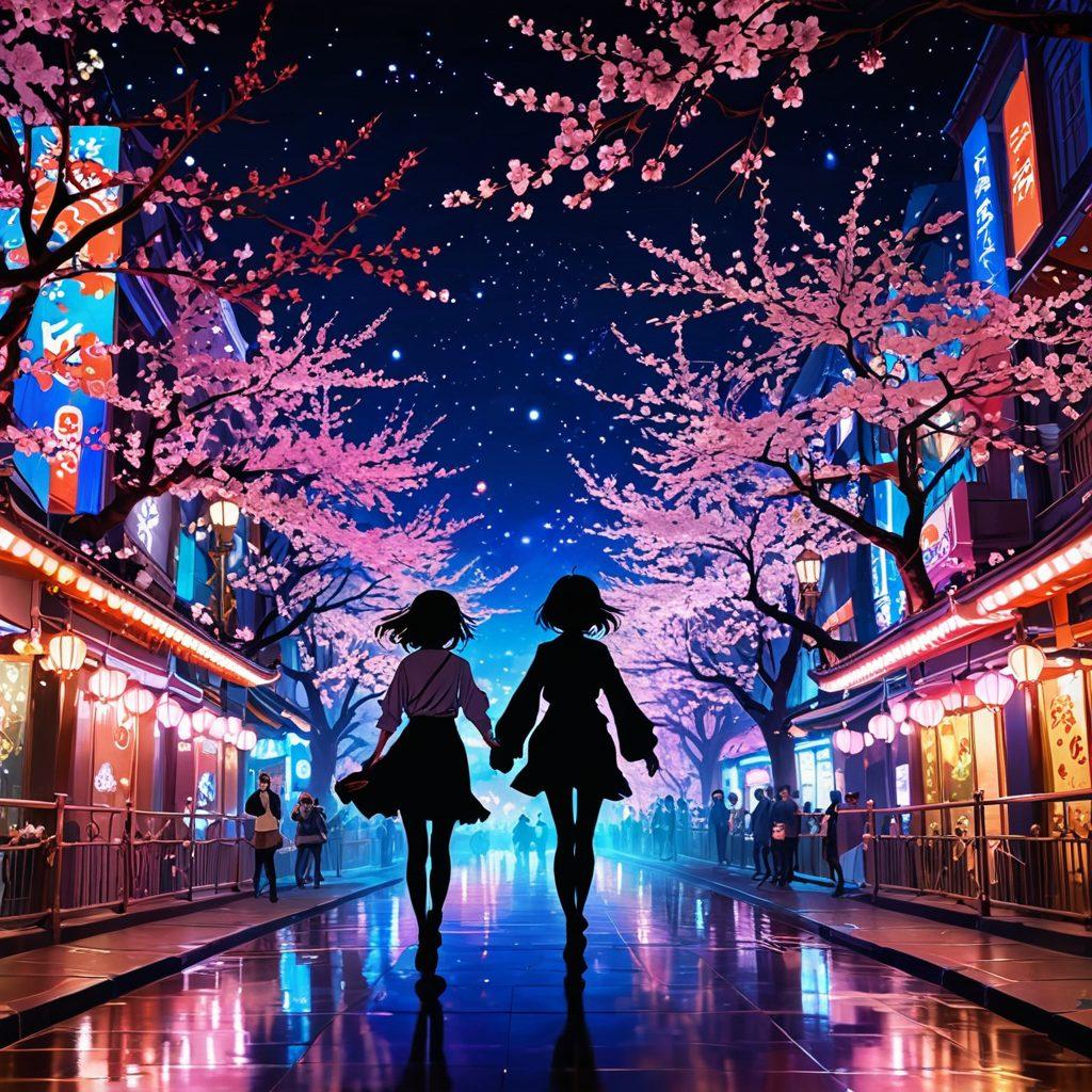 A vibrant fantasy world depicting a captivating adult anime setting, featuring brightly colored characters in playful poses, intricate backgrounds with flowing cherry blossoms and neon lights. The scene captures a sense of allure and curiosity, highlighting diverse art styles and unique character designs. Ensure a harmonious blend of artistry and sensuality without explicit imagery. digital painting. vibrant colors. whimsical atmosphere.