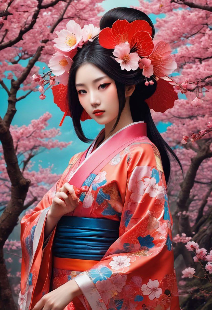 A vibrant, surreal collage illustrating various artistic expressions of fetishes in hentai, featuring dynamic characters in elaborate costumes, artistically exaggerated poses, and symbolic elements reflecting mature themes. The background should have a dreamlike quality, merging whimsical elements with darker tones to evoke curiosity and intrigue. Include hints of traditional Japanese art styles blended with modern graphic aesthetics. bold colors. surrealism. vibrant artistry.